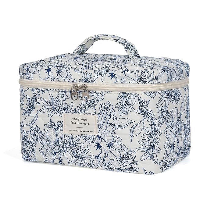 Makeup Bag,Quilted Cosmetic Bags,Large Floral Make Up Bags for Women, Makeup Organize,Flower Travel Toiletry Bag