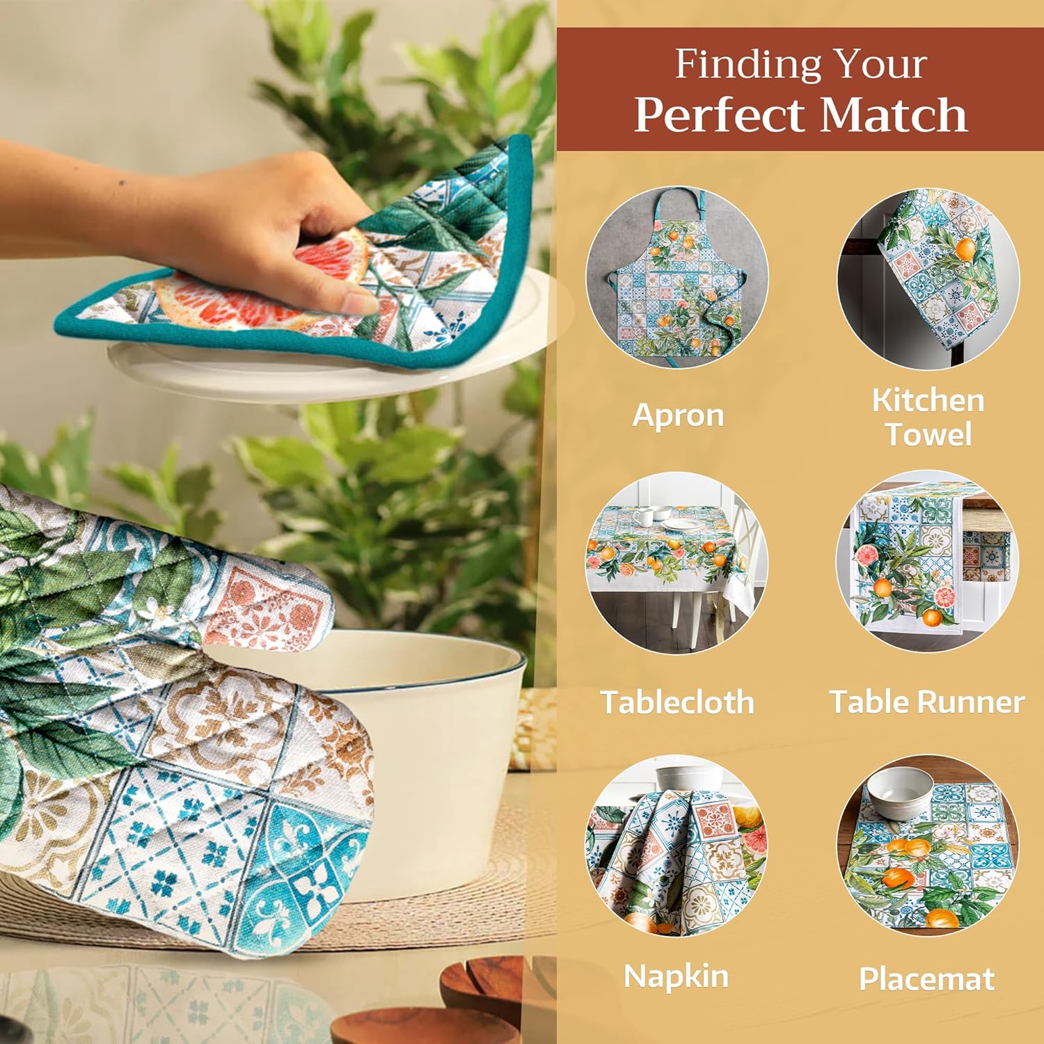 Maison d' Hermine Pot Holders Set 100% Cotton Heat Resistant Potholders 8" x 8" Hot Pads with Loop BBQ, Cooking, Baking, Grilling, Kitchen, Handling Hot Pans Spring/Summer (Pack of 2, Agrume)