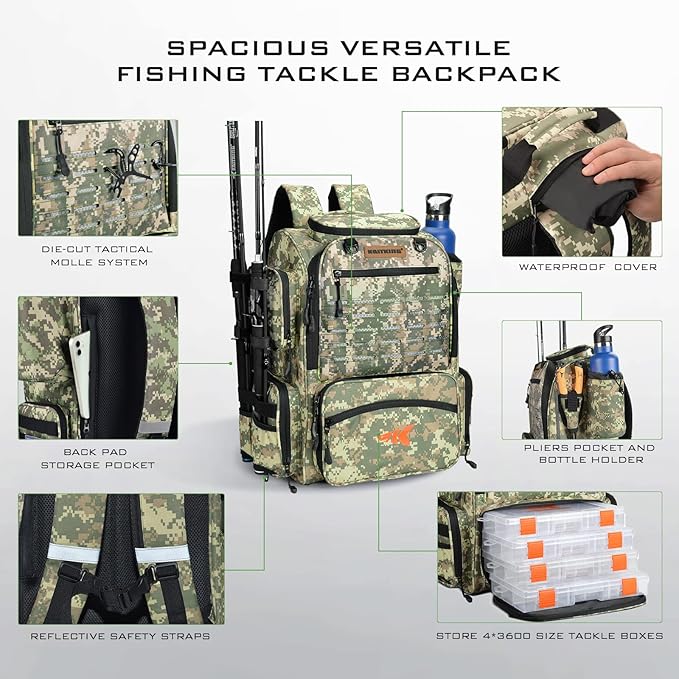 KastKing Bait Boss Fishing Tackle Backpack with Rod Holders-4 Tackle Boxes-Rain Cover,43L Large Storage for Fishing Gear