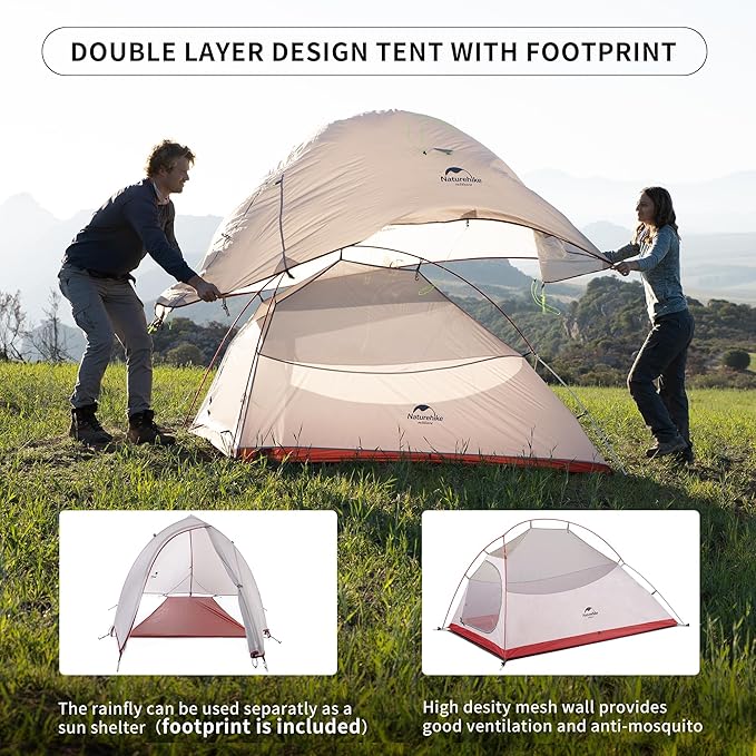 Naturehike Cloud-Up 2 Person Tent Lightweight Backpacking Tent with Footprint - Free Standing Ultralight Camping Hiking Backpack Tents Two Person Tent