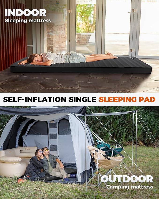 KingCamp Sleeping Pad for Camping, Self Inflating R 9.5 Sleeping Pad for All Seasons, 3" Thick Camping Mattress Mat for Outdoor Tent Cot Car Backpacking, PVC Free (Black)