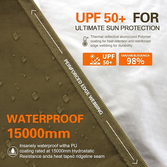 GOLDCAMP Waterproof Camping Tarp，70D Nylon 10X10FT Hammock Rain Fly ，UV 50+ and PU15000mm Tent Tarp Shelter Canopy，Heavy Duty Multifunctional Sun Shade or Rain Fly Essentials for Hiking Backpacking