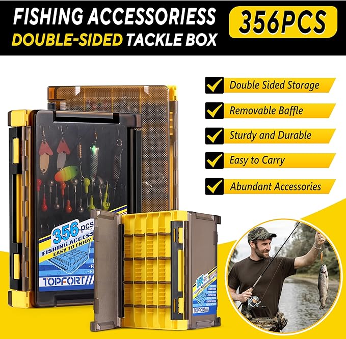 TOPFORT 187/343pcs Fishing Accessories Kit, Organized Fishing Tackle Box with Tackle Included, Fishing Hooks, Fishing Weights Sinkers, Fishing Gear and Equipment, Fishing Gift for Men