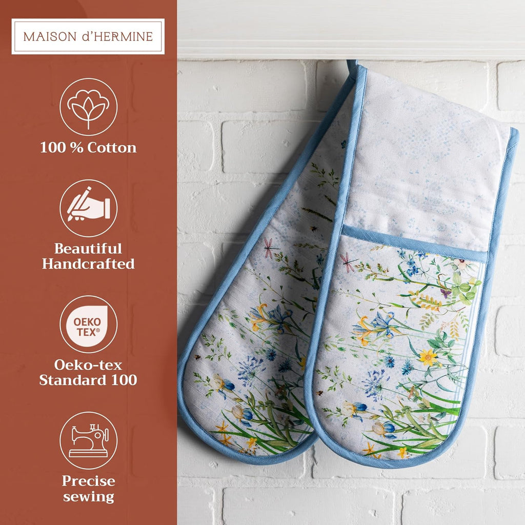 Maison d' Hermine Double Oven Mitts 100% Cotton 7"x35" Double Oven Mitt Heat Resistant BBQ Cooking Gloves with Loop, Baking, Grilling, Home, Kitchen, Handling Hot Pans Spring Summer (Fleurs De Mai)