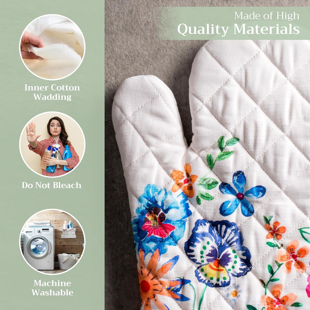 Maison d' Hermine Oven Gloves 100% Cotton Oven Mitt 7" x 13" with Loop Heat Resistant, BBQ, Cooking Gloves, Grilling, Kitchen, Handling Hot Pans Spring/Summer (Pack of 1, Happy Florals - High Summer)