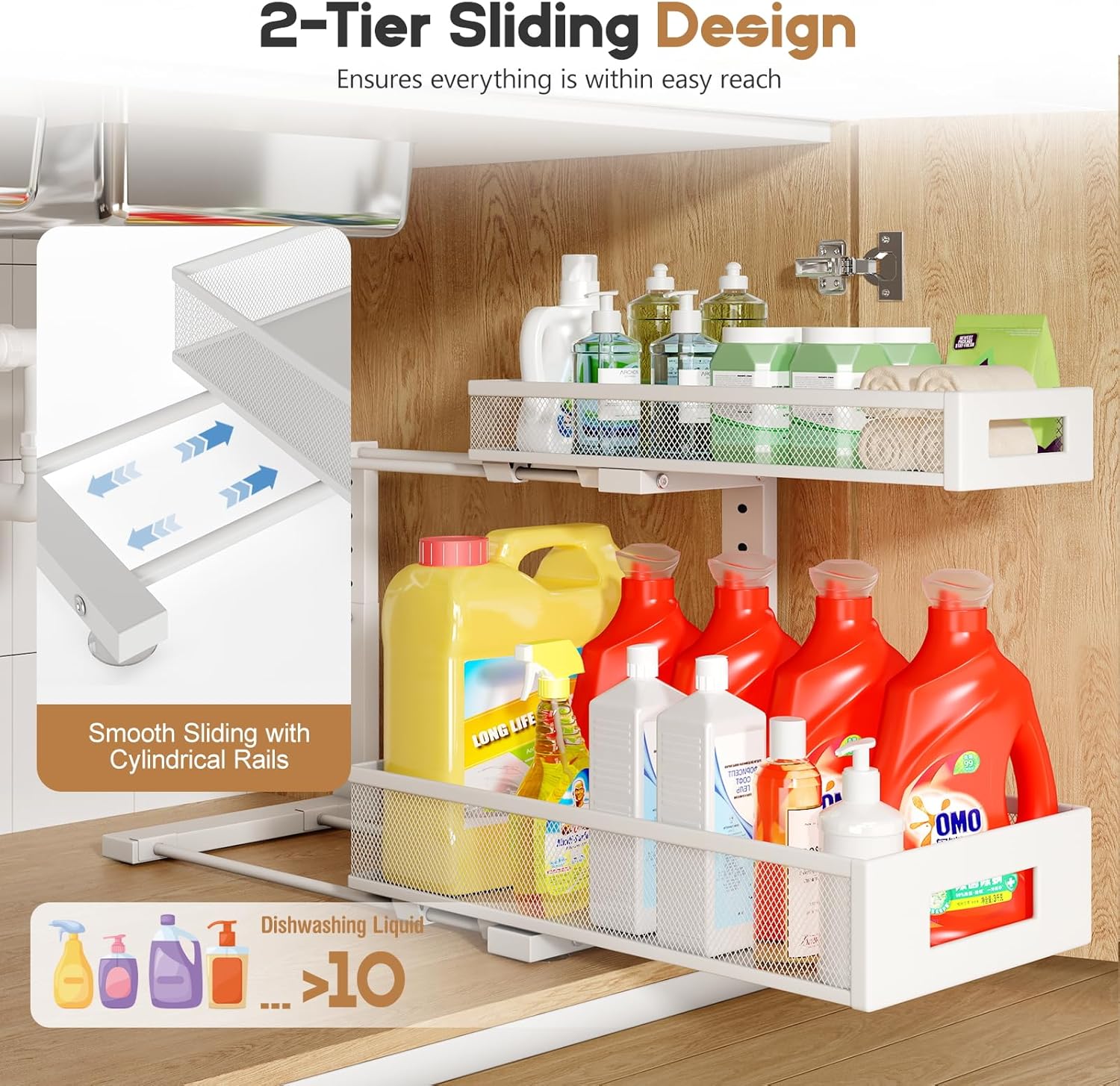 2 Pack 17IN Depth Under Sink Storage Organizer, Large 2-Tier Elegant Mesh Pull Out Shelf for Kitchen and Bathroom Cabinet Organization, L-Shaped and Adjustable Height Design-White