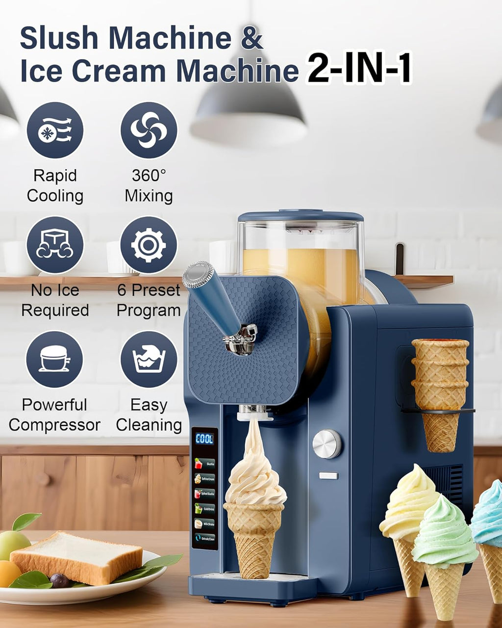 2-in-1 Slush and Ice Cream Maker - 6 Modes for Smoothies, Milkshakes, Cocktails, Margaritas, and Ice Cream, Double-Layer Tank, Ice Cream Cone Holder, Self-Cleaning - Perfect for Home Use