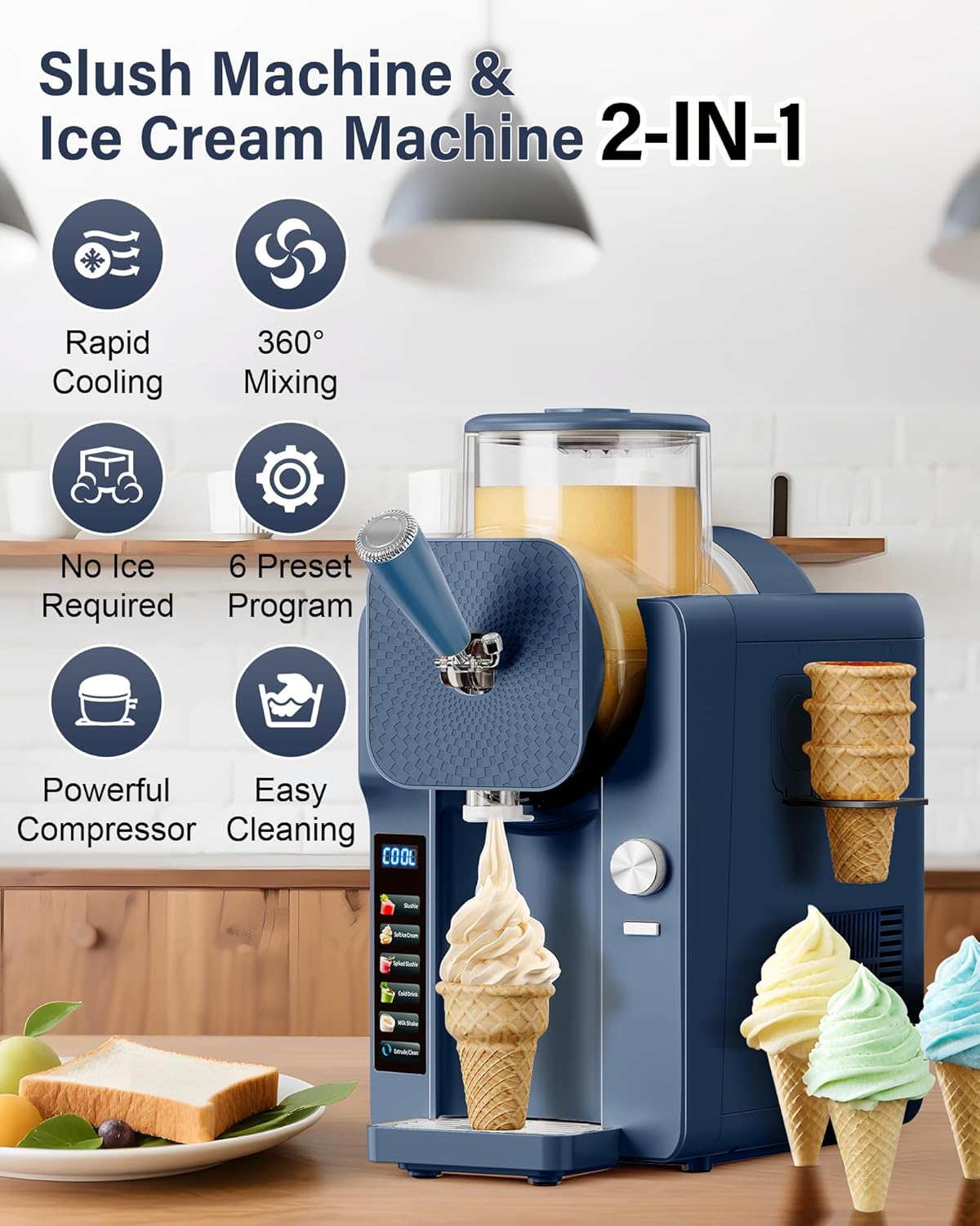 2-in-1 Slush and Ice Cream Maker - 6 Modes for Smoothies, Milkshakes, Cocktails, Margaritas, and Ice Cream, Double-Layer Tank, Ice Cream Cone Holder, Self-Cleaning - Perfect for Home Use