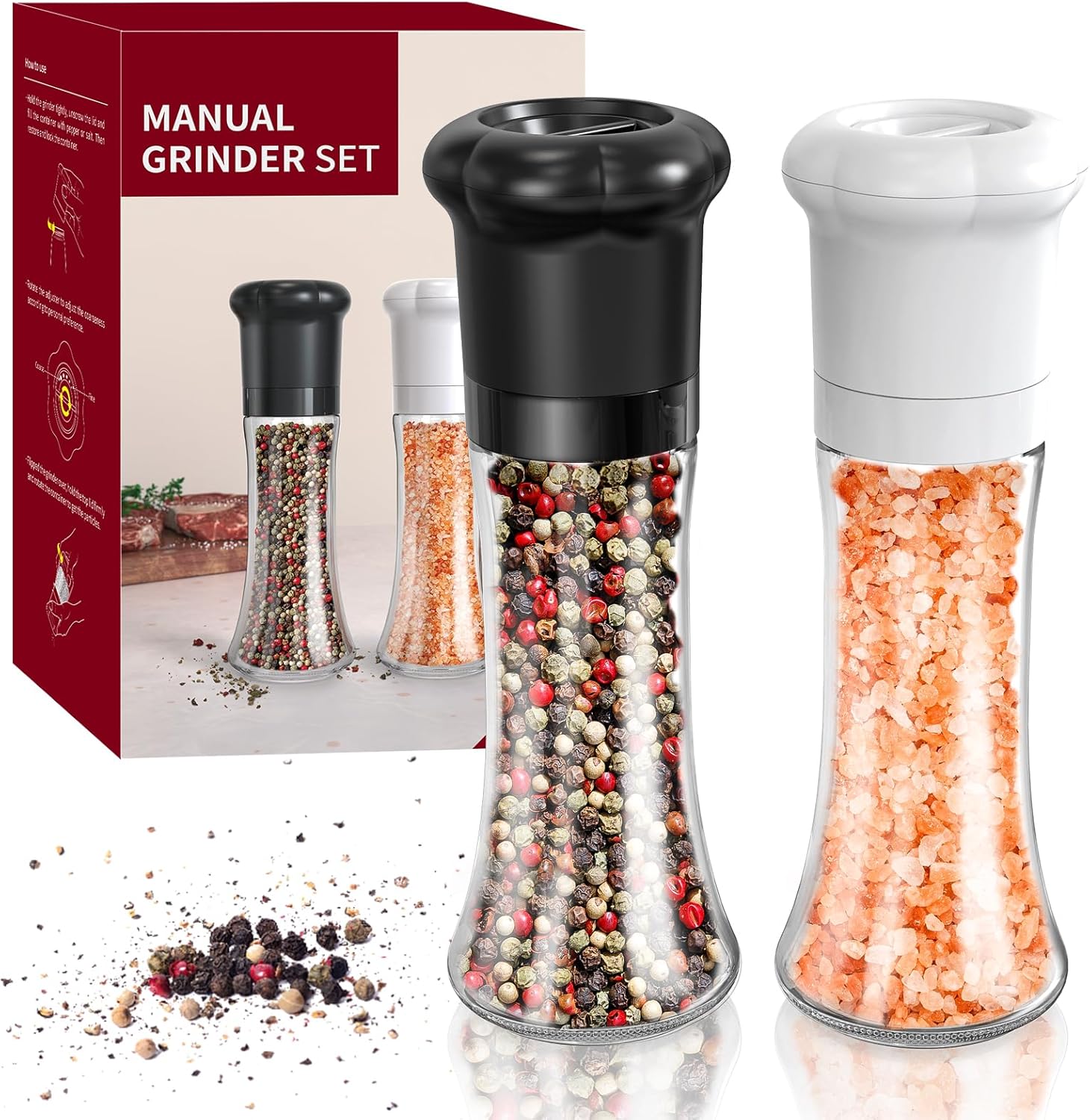 CIRCLE JOY Manual Salt and Pepper Grinder Set For Professional Chef, Refillable Salt and Pepper Shakers with Ceramic Blades, Adjustable Coarseness and BPA-free 180ml Glass Container, Tall Black White