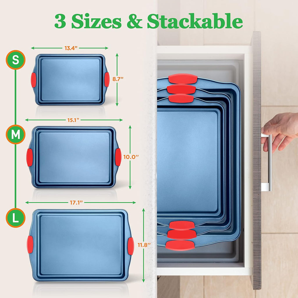NutriChef Nonstick 3-Piece Baking Pans Set – Carbon Steel Bakeware with Blue Coating Inside & Outside and Red Silicone Handles, Durable and Reliable, Effortless Baking and Easy Cleanup (Blue)