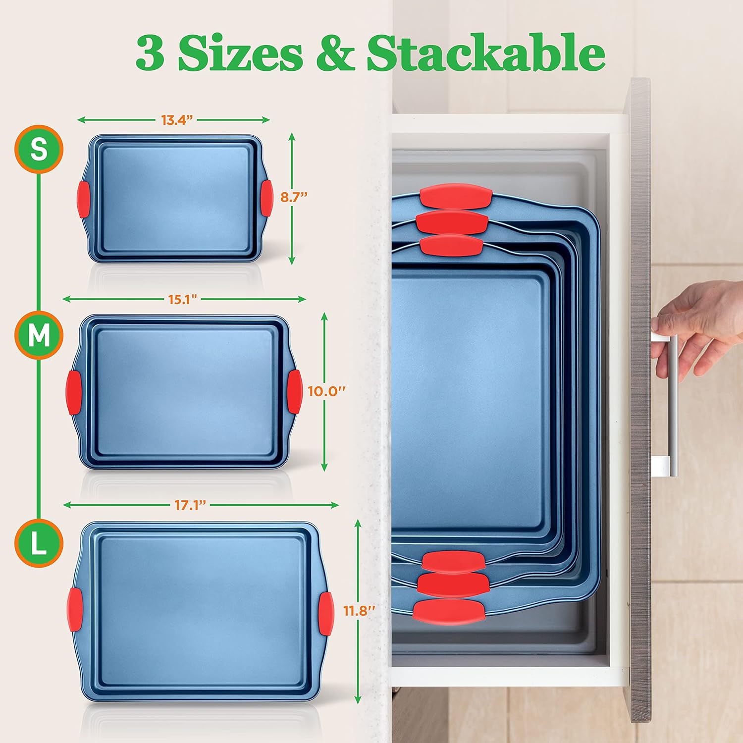 NutriChef Nonstick 3-Piece Baking Pans Set – Carbon Steel Bakeware with Blue Coating Inside & Outside and Red Silicone Handles, Durable and Reliable, Effortless Baking and Easy Cleanup (Blue)