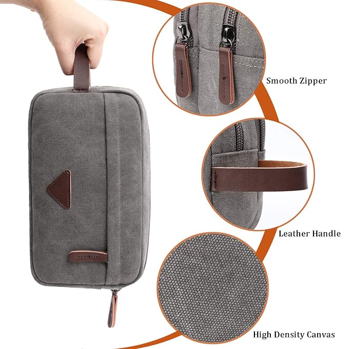 Mactso Mens Travel Toiletry Bag Canvas Leather Cosmetic Makeup Organizer Shaving Dopp Kits with Double Compartments (Gray)