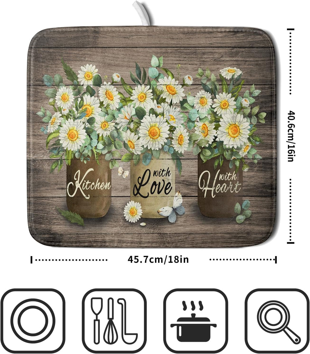 Flower Vase Dish Drying Mats 16x18 Inch Rustic Wood Reversible Microfiber Kitchen Countertop Protector Fast Dry Dish Drainer Rack Pad
