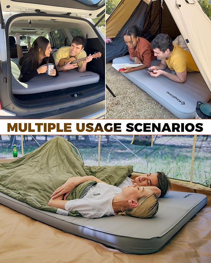 KingCamp Double Sleeping Pad, 2 Person Queen R 7.9 Self Inflating Sleeping Pad, 3" Thick Full Size Foam Mattress Mat with Air Pump for Outdoor Camping Tent Car, PVC Free (Grey)