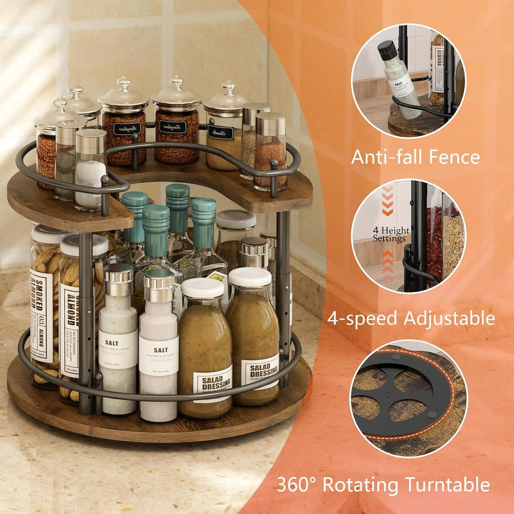 2 Tier Lazy Susan Organizer,2-Tier Spinning Spice Rack with Stable Carousel Base & 4 Height Settings for Cupboard Kitchen Countertop Dining Table Cupboard (Round)