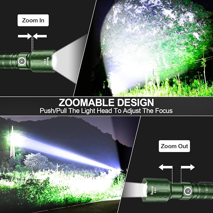 Flashlights High Lumens Rechargeable, 20,000 Lumens Super Bright 1500 Meters Long Range Small Powerful Flashlight, 6 Modes LED Tactical Pocket Waterproof Flash Light for Home Emergency (2, Green)