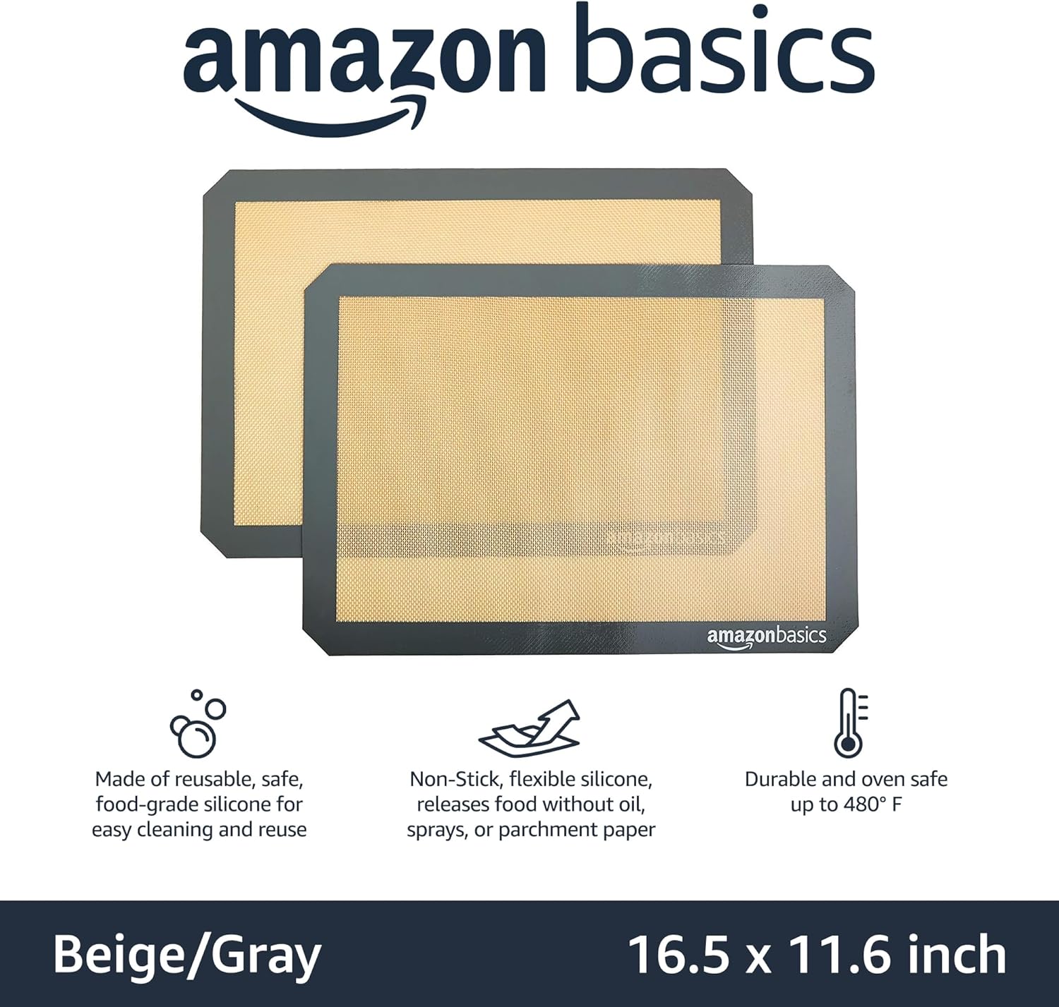 Amazon Basics Silicone Rectangular Baking Mat, Non-Stick Reusable Oven Bakeware, 16.5" x 11.6", New Beige/Gray, Pack of 2