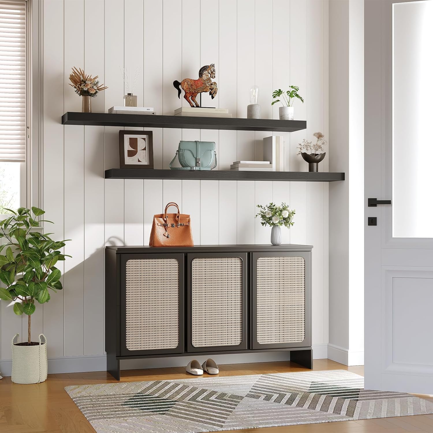 HOOBRO Floating Shelves for Wall, Wall Mounted Shelf Set of 2, 55" Hanging Shelf with Invisible Brackets, for Wall in Bathroom, Bedroom, Toilet, Kitchen, Living Room, Office, Black BK140BJP201