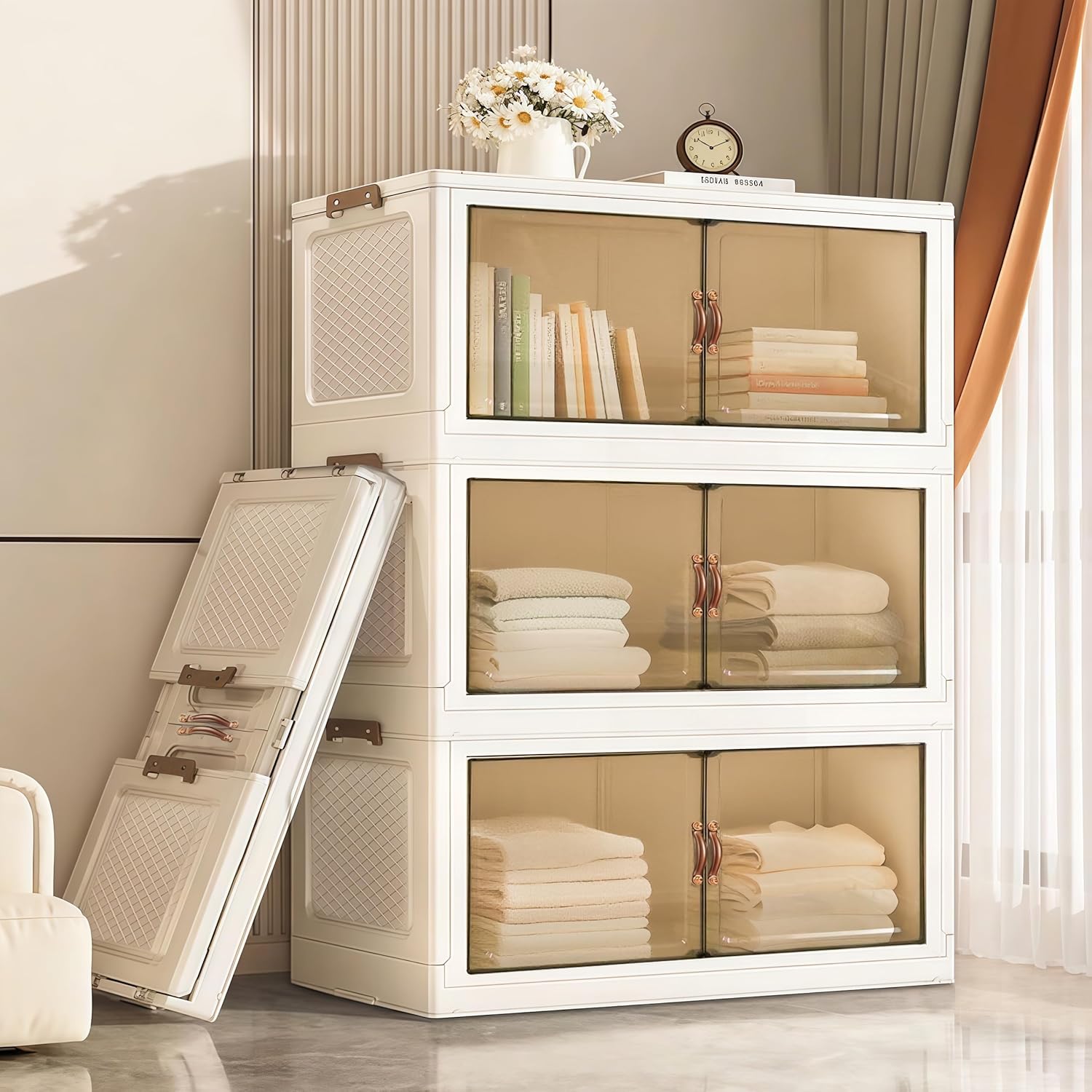 YUFER 3 Tier Box Plastic Stackable Folding Storage Bins with Lids and Doors,360/480 QT Open Front Storage Bins Organizers for Bedroom Clothes - 1 Box 120 QT White