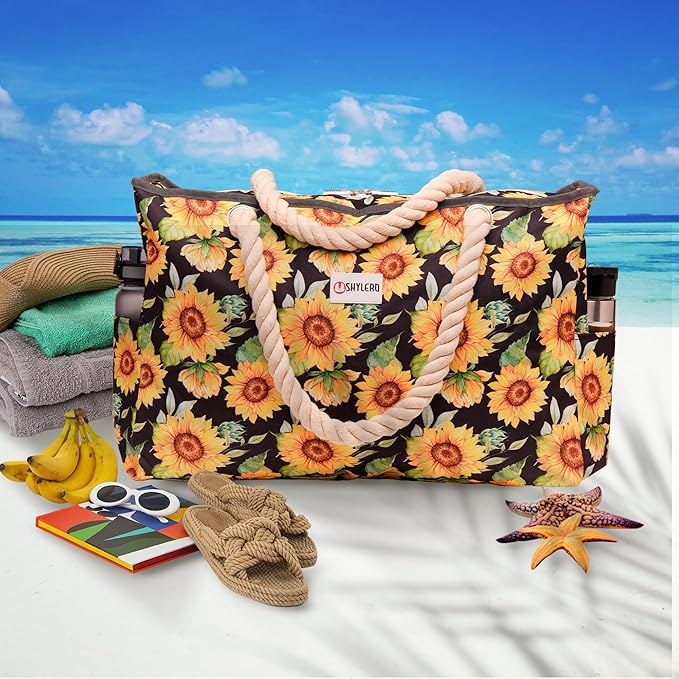 SHYLERO Beach Bag and Pool Bag. Has Airtight Pouch, Ton of Pockets. Beach Tote is Zippered, Water Resistant. Family Size
