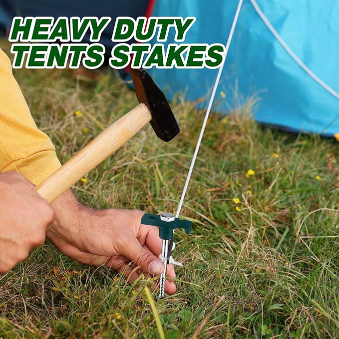 Tandefio 20 Pcs 8 Inch Screw in Tent Stakes Heavy Duty Drill in Ground Anchor Pegs Metal Stakes Screws Hex Pegs Drillable Camping Threaded Tent Spike with Hex Head Driver (Green)