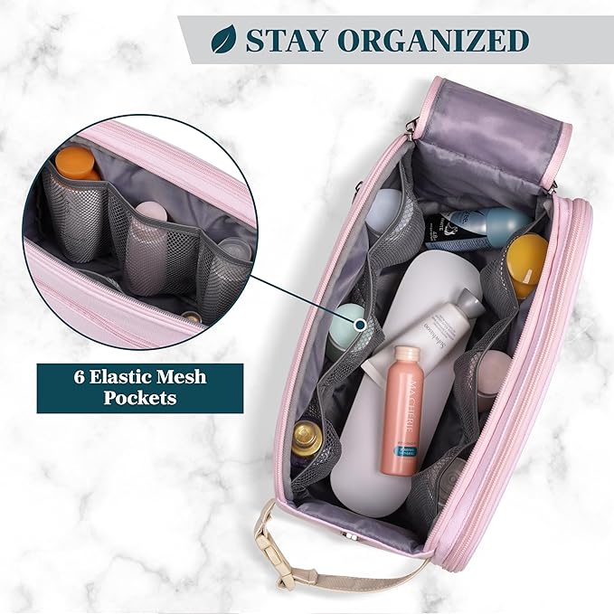 PAVILIA Toiletry Bag for Women, Canvas Travel Dopp Kit, Water Resistant Hygiene Bag Toiletries Organizer, Shaving Kit Travel Accessories Bag, Pink