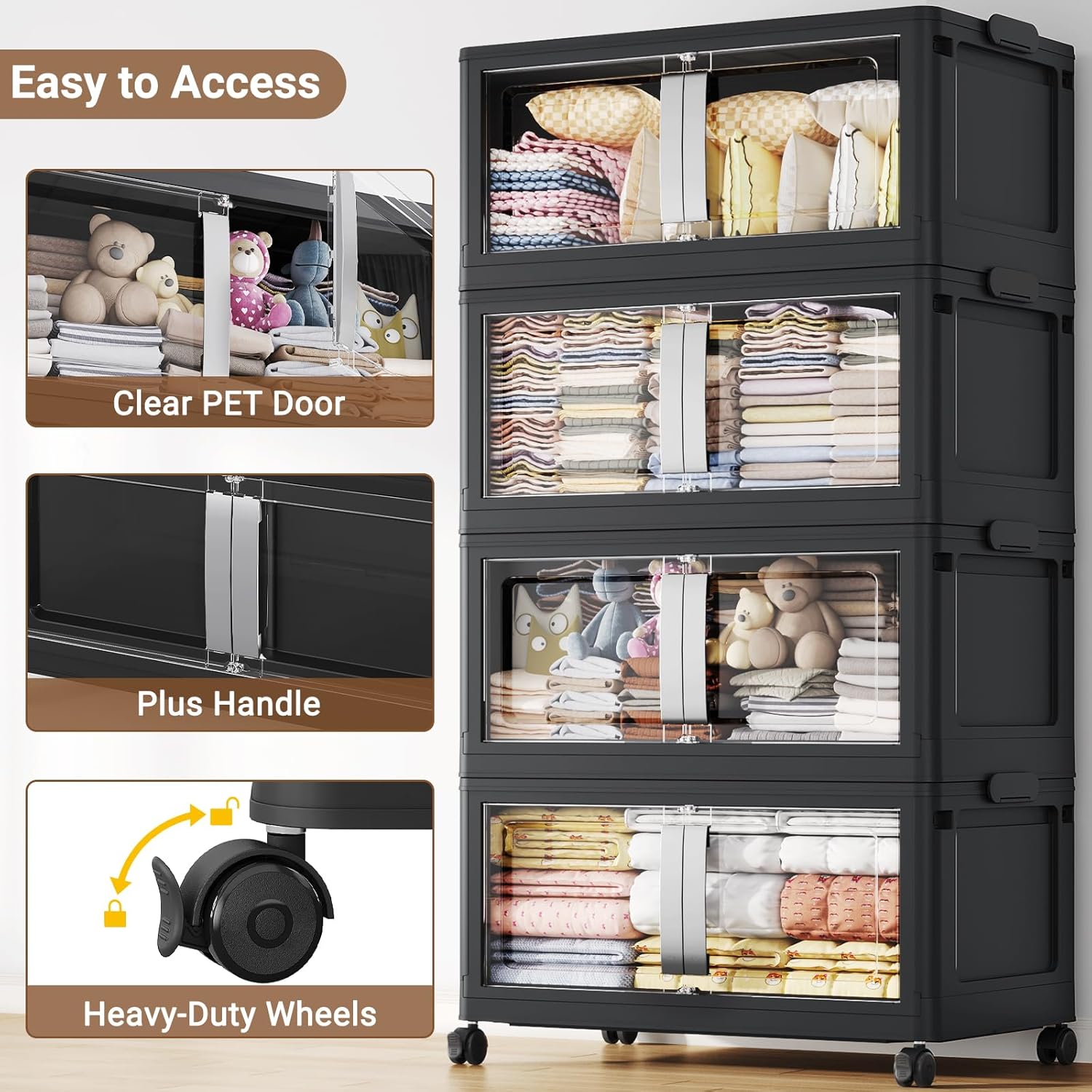 160QT Stackable Storage Bins with Lids, 40Gal Extra Large Collapsible Storage Box with Wheel, Plastic Storages with Clear Door Open Front for Home Bedroom Garage, Black-1pack