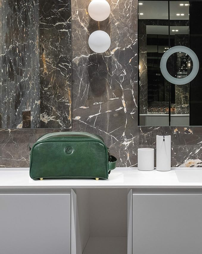 10" Premium Leather Toiletry Travel Pouch With Waterproof Lining | King-Size Handcrafted Vintage Dopp - Kit ~ Gift for Father's Day By Aaron Leather Goods (Basil Green)