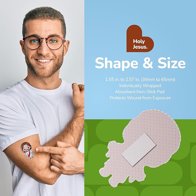 BioSwiss Bandages, Holy Jesus Shaped Self Adhesive Bandage, Latex Free Sterile Wound Care, Fun First Aid Kit Supplies for Kids and Adults, 50 Count