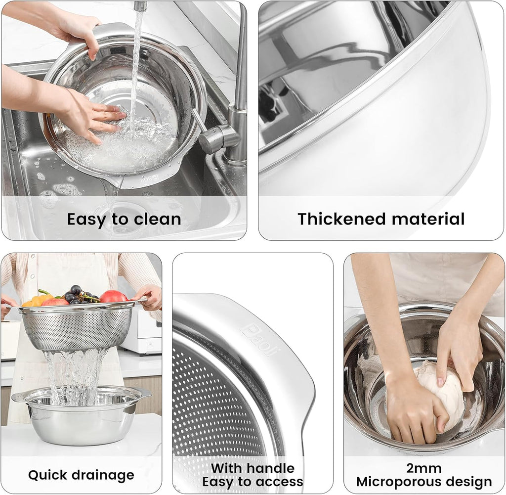 304 Stainless Steel Microporous Colander with Handle, Rice Washers Microporous Strainer Set For washing vegetables, fruits and rice, and draining cooked pasta(2QT with handle-Gold)