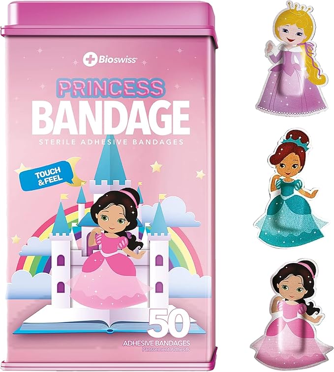 BioSwiss Bandages, Princess Shaped Self Adhesive Bandage, Latex Free Sterile Wound Care, Fun First Aid Kit Supplies for Kids, 50 Count