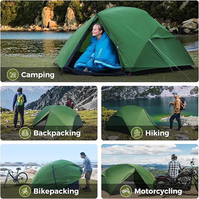 ATEPA Ultralight Backpacking Tent, 2 Person 1 Person Nylon Lightweight 4000MM+ Waterproof Windproof Portable Tent with Aluminum Frame & Rainfly for Backpacking Hiking Camping Motorcycle, 4 Season