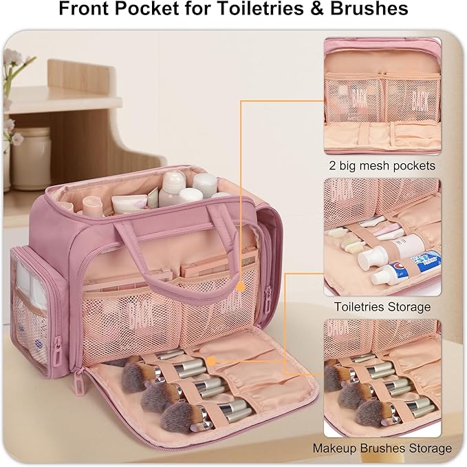 Travel Toiletry Bag for Women, Lightweight Wide-open Cosmetic Travel Bags for Toiletries with 2 Removable Dividers, Large Makeup Organizer with Brushes Board, Multi Pockets for Gym, Daily, Pink