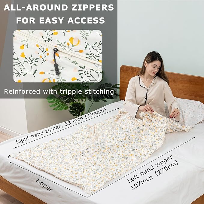 100% Cotton Sleeping Bag Liner with Full Length Zipper on 3 Sides; Single/Double Adult Sleep Sack for Travel & Camping, Multifunctional Travel Sheets (Unzipped 87”x87”) for Hotel, Lightweight