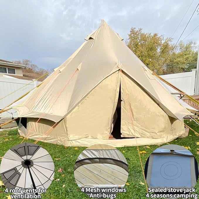 DANCHEL OUTDOOR B2 Waterproof Glamping Yurts for All Year Living with Stove Jack for 4/6 Person, Portable 4 Season Bell Tent for Camping Hot Tent 300D Oxford Nylon Glamping Accessories,13ft/16.4ft