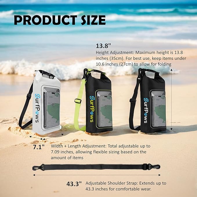 2L Waterproof Dry Bag - Multifunctional Waterproof Dry Pouch for Phone and Valuables - Essential for Outdoor Travel, Beach, Swimming, Boating, Camping (Black/Green)