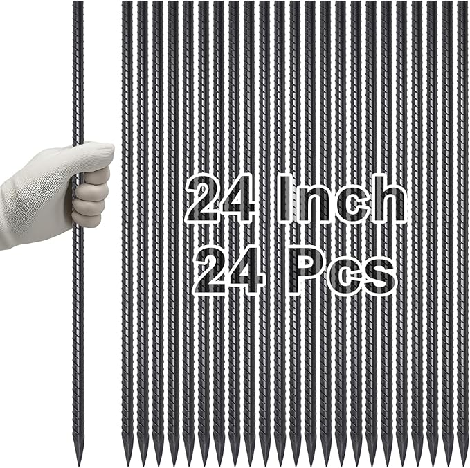 VVOKGO Rebar Stakes 24 Inch Ground Straight Rebar Stakes (24pcs), Heavy Duty Ground Anchors, 3/8" Diameter Steel Plant Support Garden Stake with Chisel Point End, Hammer Through Hard Soil for Camping