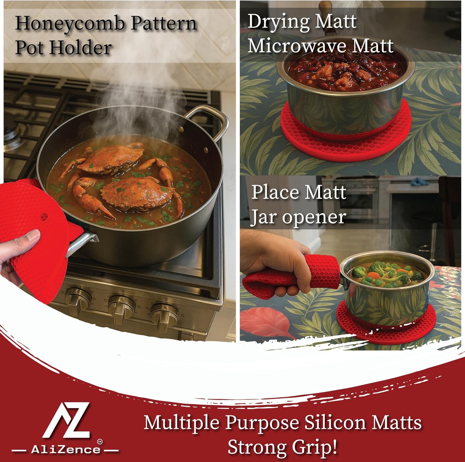 Silicone Smoker Oven Gloves & BBQ Set – Extreme Heat Resistant, Waterproof Oven Mitts, Mini Gloves, Hot Pads & Pot Holders for Cooking, Grilling, Baking, Extra Soft, Superior Value 6 pc Set. (Red)