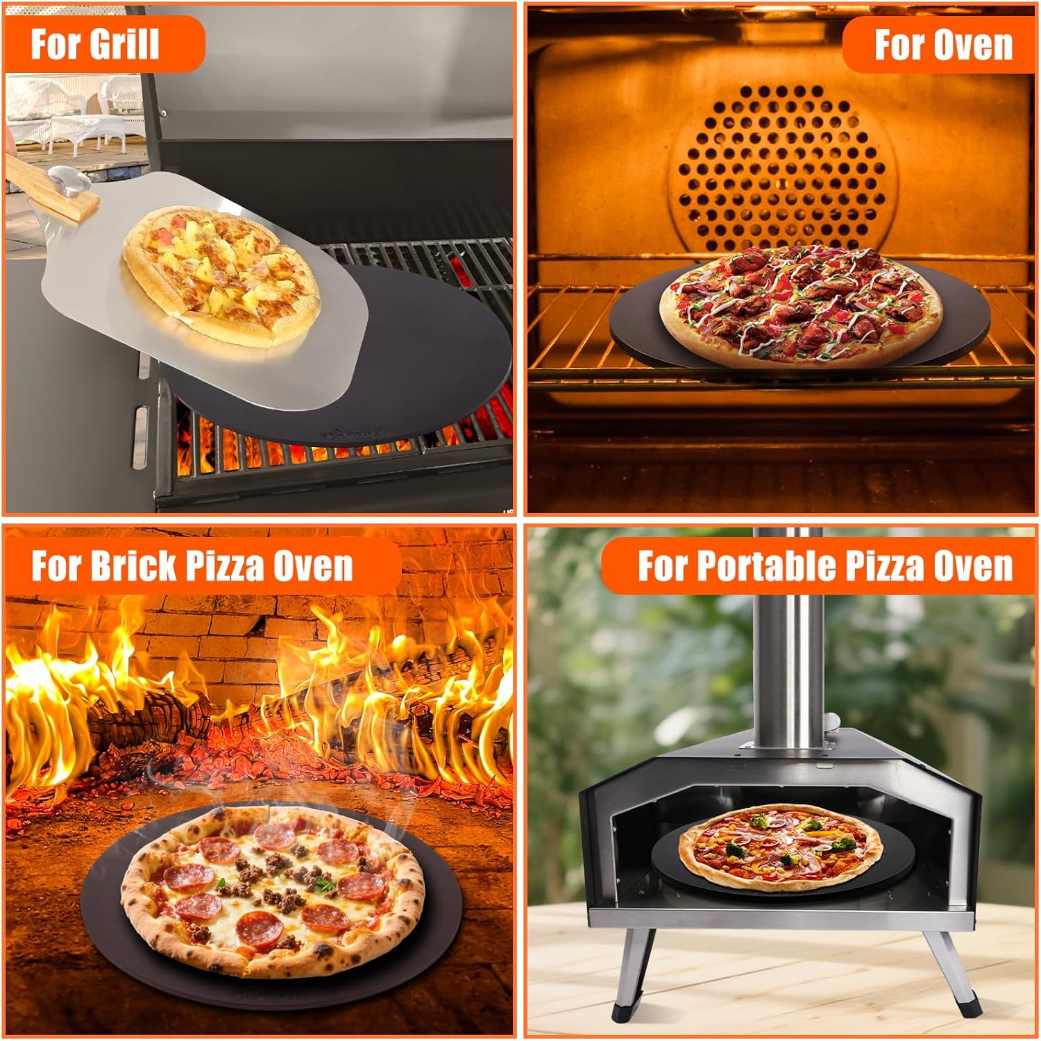 Hisencn 13" Round Pizza Steel for Oven & Grill – Ceramic Baking Steel Pizza Stone Set with Rack, Pizza Peel, Cutter & Dough Scraper, Crack-Resistant & High Heat Conductivity for Crispy Crust