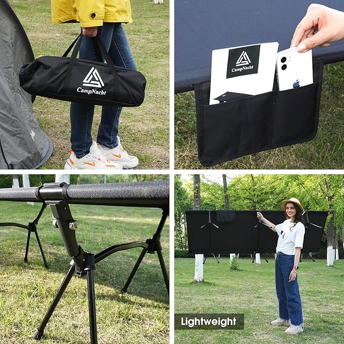 CAMPNACHT Ultralight Camping Cot with Leg Extenders, Aluminum Lightweight Folding Cot for Adults, Portable Backpacking Compact Tent Cot for Outdoor, Hiking, 1 Pack with 2 Use Modes, Black