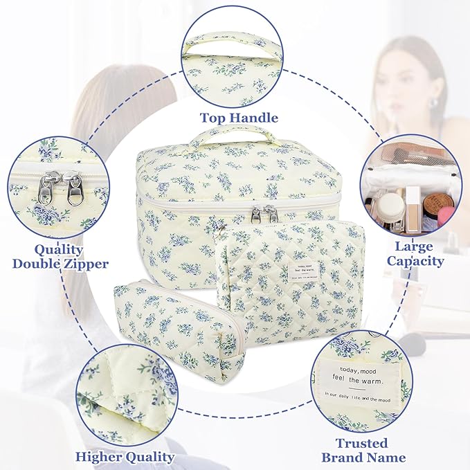 Makeup Bag Set, Quilted Makeup Bag, Large Floral Cosmetic Bag for Women, Cute Cotton Makeup Bags, Flower Travel Toiletry Organizer Bag (Blue Floer)