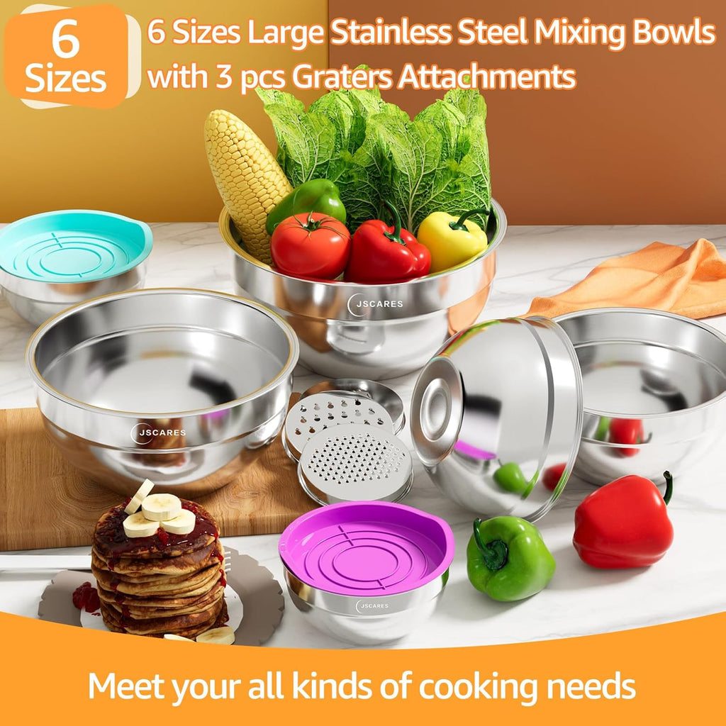 Mixing Bowls with Colorful Airtight Lids, 6 Piece Stainless Steel Metal Bowls with 3 Grater Attachments, Size 4.5, 3.5, 2.1, 1.5, 1.1, 0.7 QT