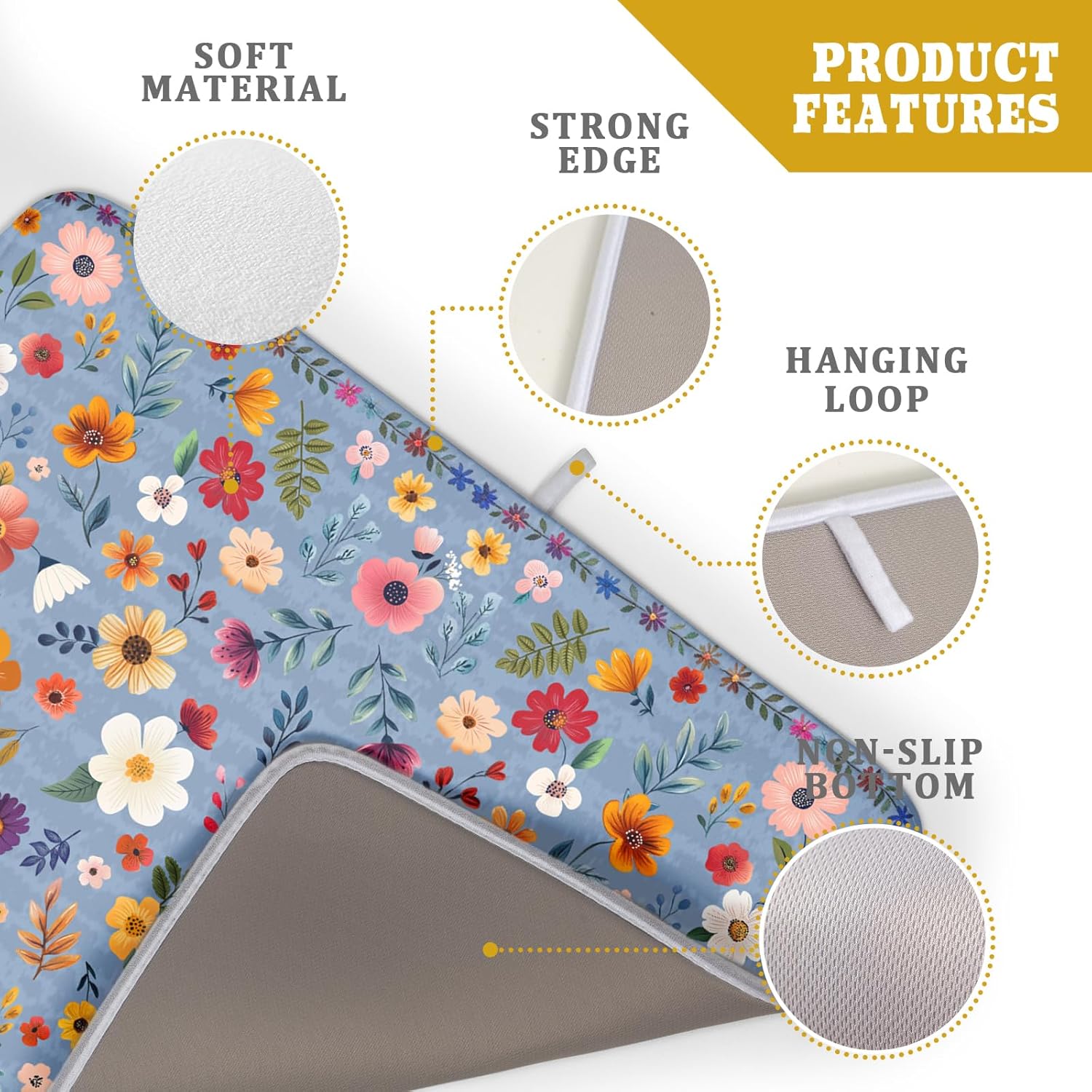 Colorful Flower Dish Drying Mat - Blue Large Floral Coffee Mat for Kitchen Counter Decor 18 X 24