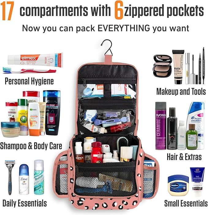 VENTURE 4TH Hanging Travel Toiletry Bag for Women & Men - Travel Organizer with Expandable Compartments & Removable Clear Pouch for Toiletries (Pink Cheetah)