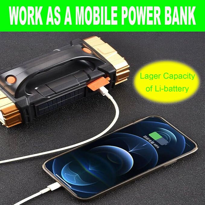 Solar Rechargeable LED Soptlight Flashlight, Super Bright 7000LM Handheld LED Searchlight, Multifunctional Camping Lantern Light, 8 Light Modes, Waterproof IPX4, Power Bank, for Emergency, Home