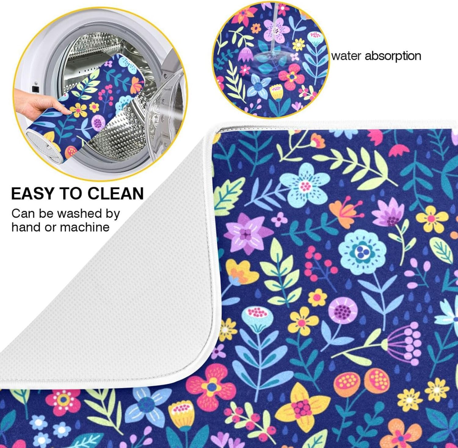 Cute Floral Flowers Dish Drying Mat for Kitchen Counter Absorbent Microfiber Drying Pad, Large 18x24 in, Reversible Drainer Mats