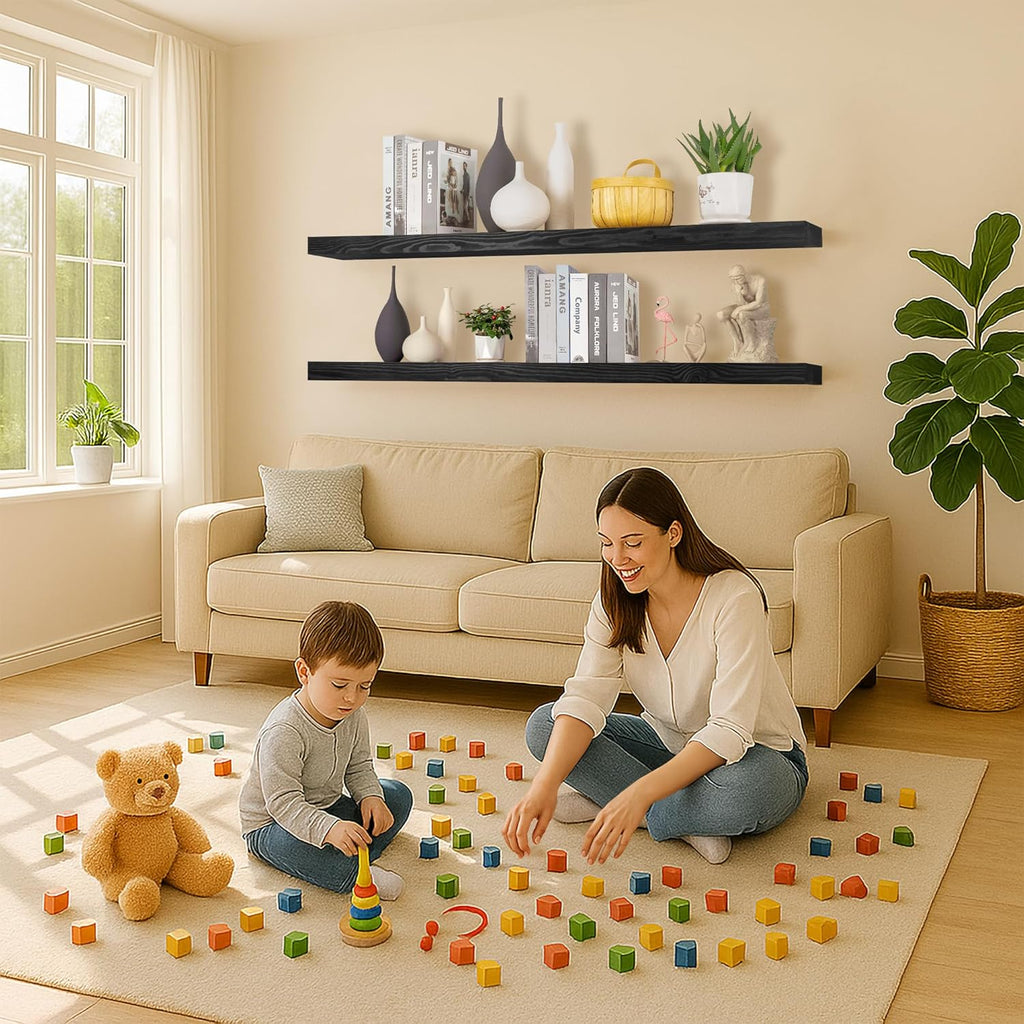 Rustic Floating Shelves 72 inch Long 8 "deep Set of 2, Heavy Duty Wood Wall Mounted Shelves for Bathroom Living Room Kitchen,Book Shelves with Thickened Hidden Bracket- Black