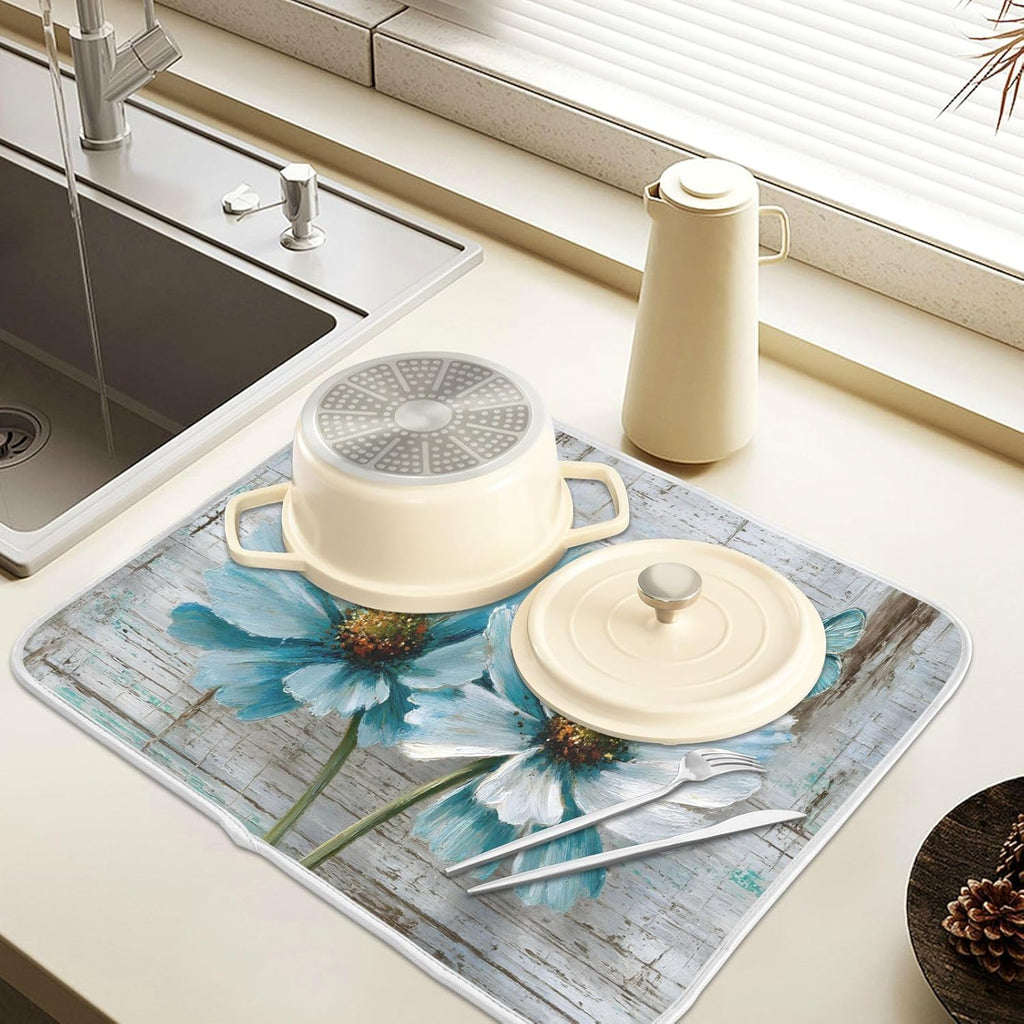 Rustic Teal White Daisy on Vintage Wooden Dish Drying Mat for Kitchen Counter Absorbent Microfiber Large Drying Pad Dish mats for Kitchen Countertops 18 x 24 Inch