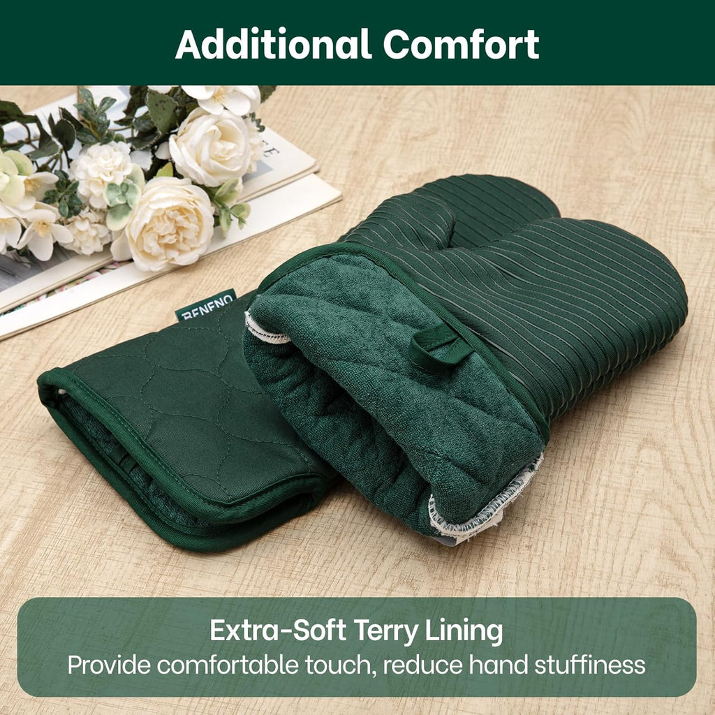 Beneno Kitchen Oven Mitts 2-Pack Heat Resistant to 500°F with Non-Slip Silicone Grip, Extra Long 14.3" Forearm Protection, Soft Quilted Cotton Terry Lining, Ideal for Cooking, Baking, Grilling, Green