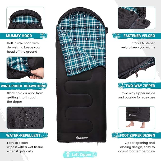 KingCamp Sleeping Bag for Adults, Cold Weather & Warm XL Big and Tall Flannel Sleeping Bags with Compression Sack Portable Waterproof Essentials Gear Accessories for Outdoor Camping